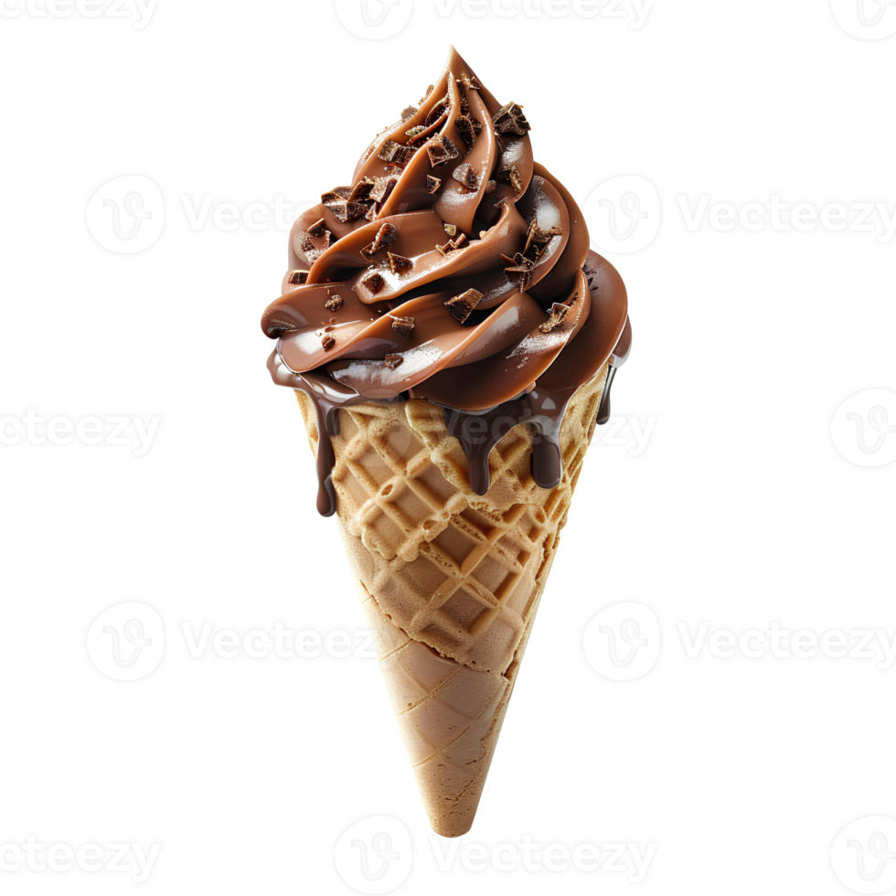 Chocolate ice cream cone with chocolate pieces and sprinkles isolated. Chocolate ice cream dripping. Chocolate ice cream top view isolated. Chocolate dessert flat lay png