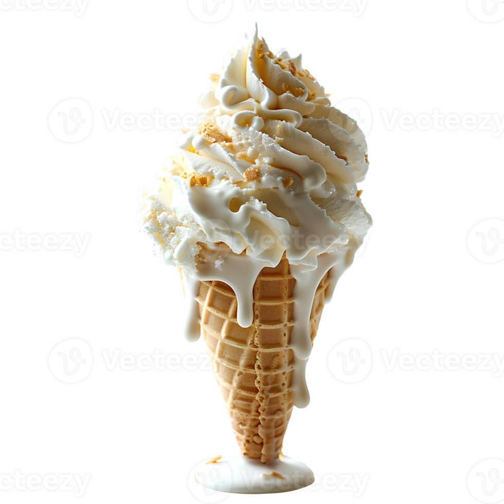 Vanilla ice cream cone melting. Vanilla ice cream dripping. Vanilla dessert png