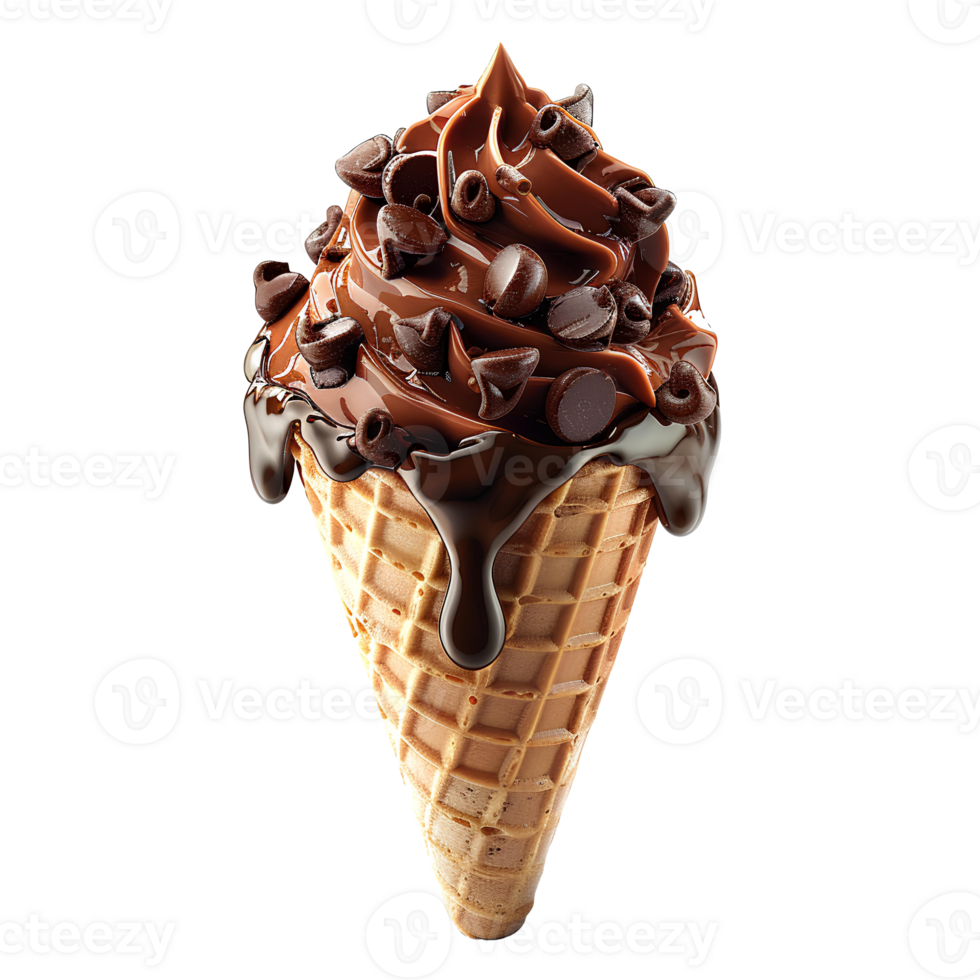 Chocolate ice cream cone with chocolate pieces and sprinkles isolated. Chocolate ice cream dripping. Chocolate ice cream top view isolated. Chocolate dessert flat lay png