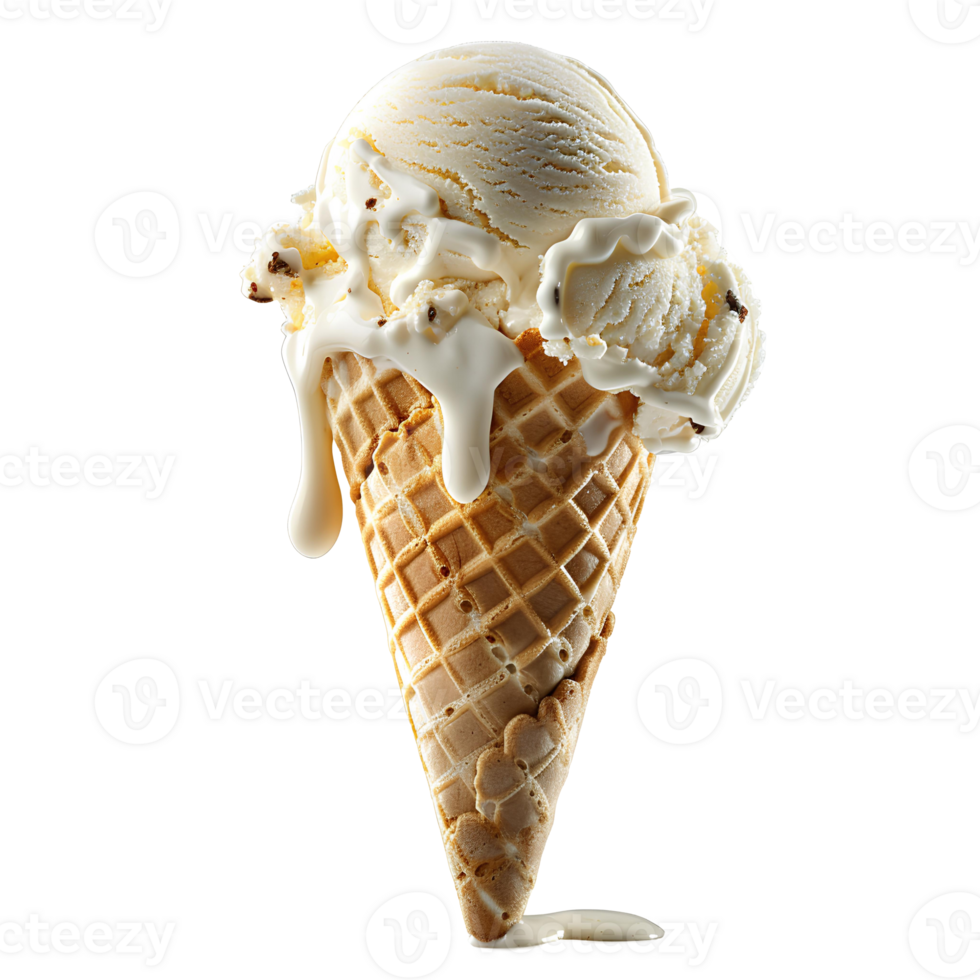 Vanilla ice cream cone melting. Vanilla ice cream dripping. Vanilla dessert png