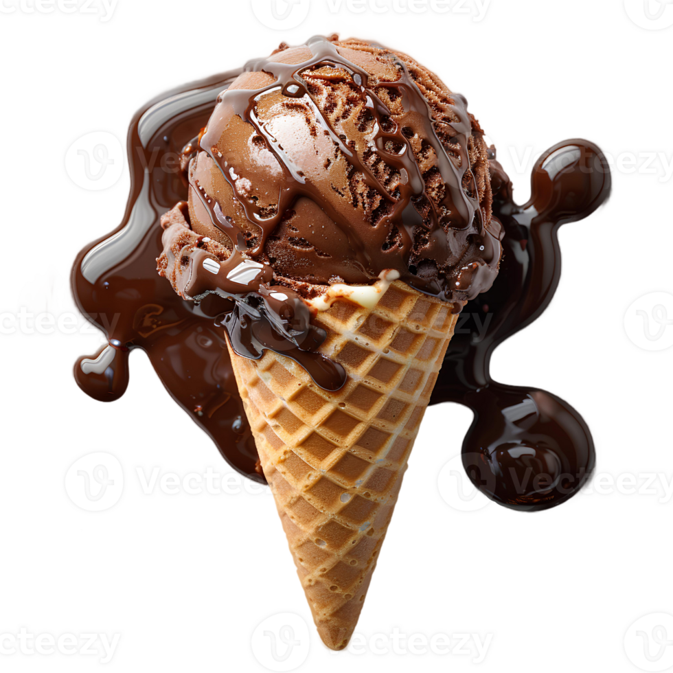Chocolate ice cream cone with chocolate pieces and sprinkles isolated. Chocolate ice cream dripping. Chocolate ice cream top view isolated. Chocolate dessert flat lay png