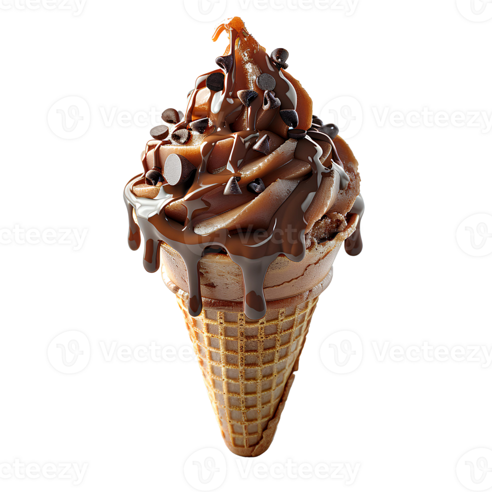 Chocolate ice cream cone with chocolate pieces and sprinkles isolated. Chocolate ice cream dripping. Chocolate ice cream top view isolated. Chocolate dessert flat lay png