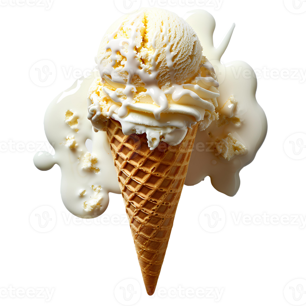 Vanilla ice cream cone melting. Vanilla ice cream dripping. Vanilla dessert png