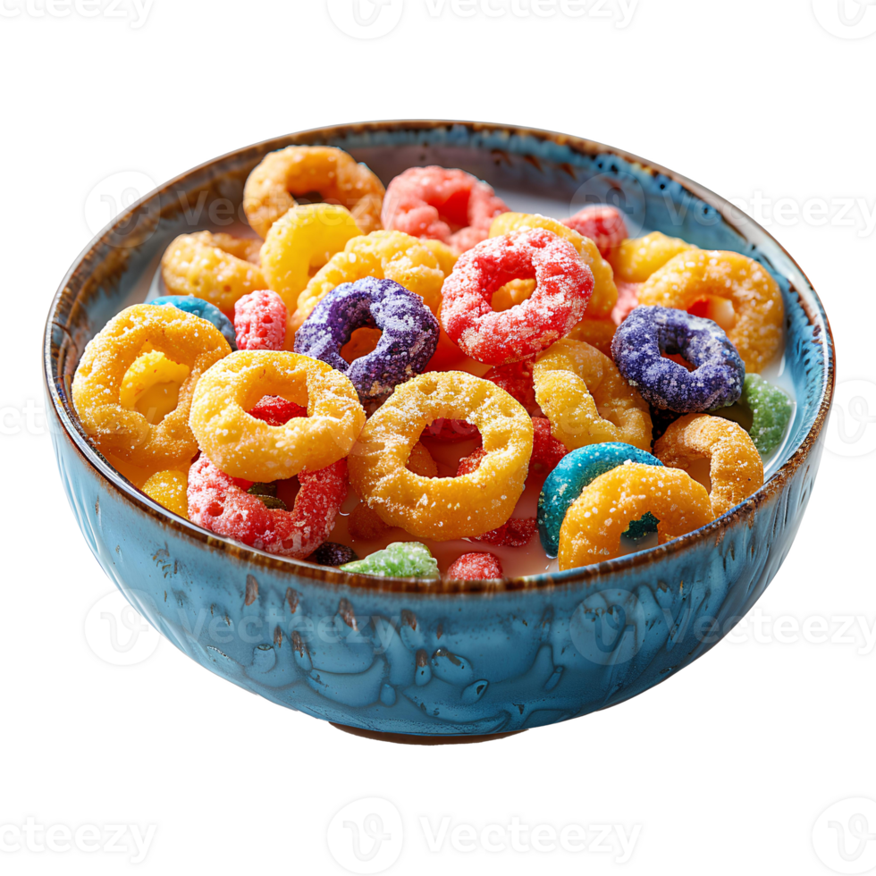 fruit loops cereal in bowl top view isolated. Colorful cereal in a bowl isolated. Breakfast food isolated png