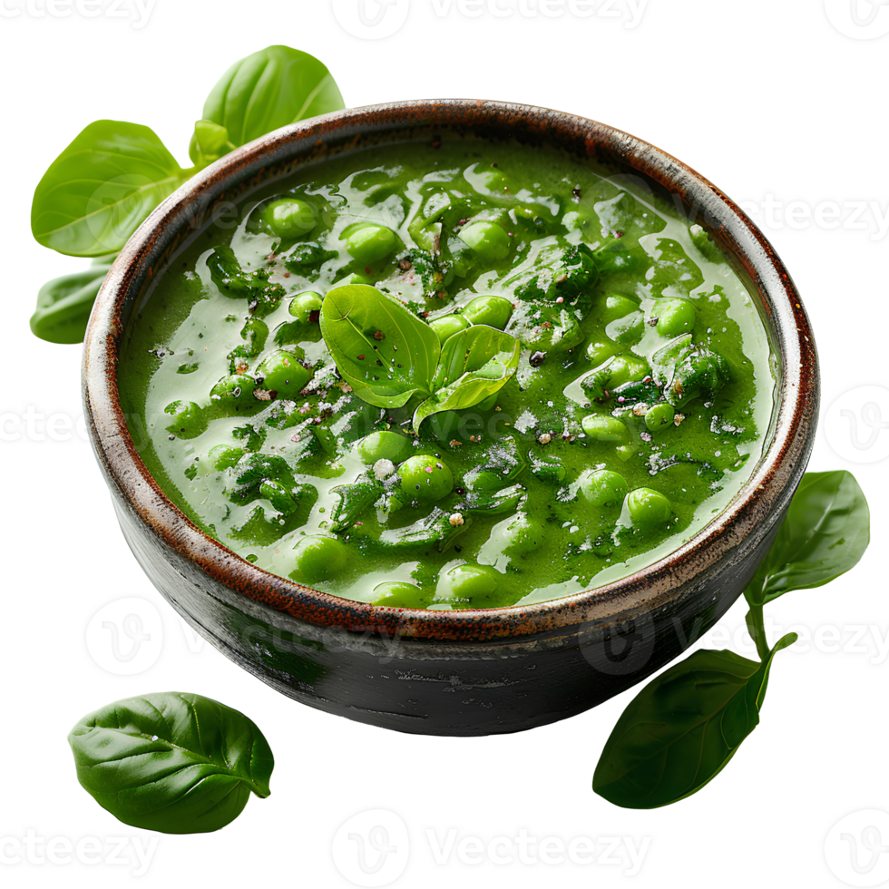 green soup with green spinach and vegetables in a bowl isolated. Organic and vegeterian soup isolated png