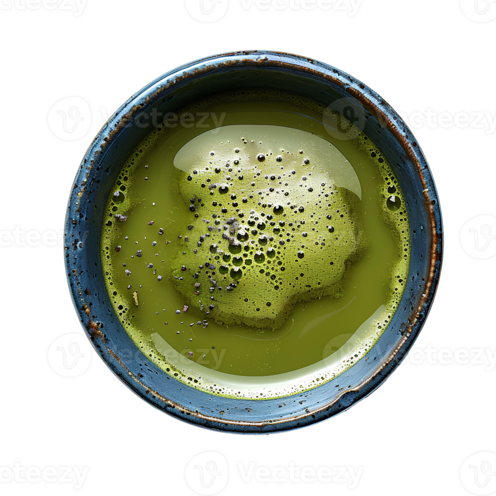 Green matcha tea in cup isolated Healthy green tea in blue cup top view isolated. Matcha tea isolated png