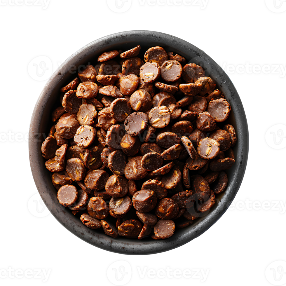 Bowl of chocolate cereal flakes with milk in a bowl isolated. Chocolate cereal in bowl isolated png