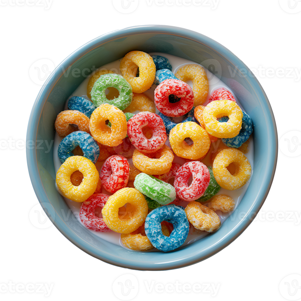 fruit loops cereal in bowl top view isolated. Colorful cereal in a bowl isolated. Breakfast food isolated png