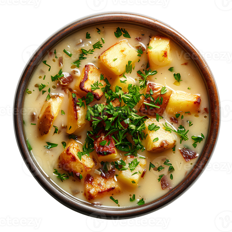 vegetable soup with basil and potato in bowl isolated png