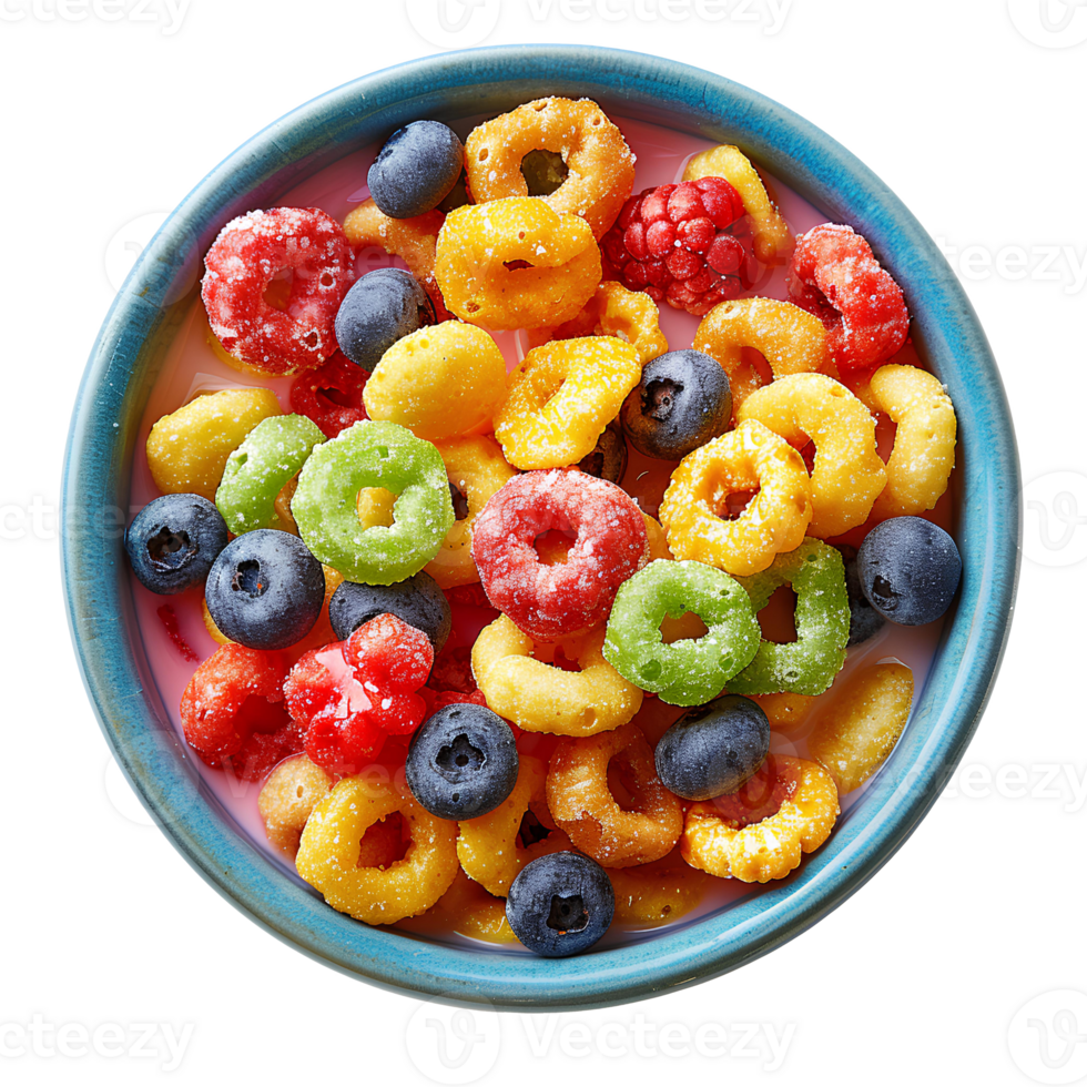 fruit loops cereal in bowl top view isolated. Colorful cereal in a bowl isolated. Breakfast food isolated png