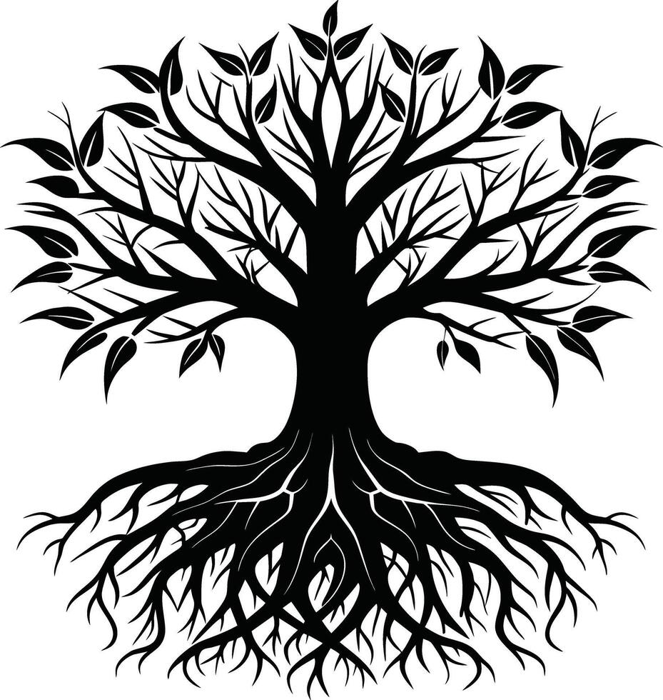Silhouette of a tree with roots vector