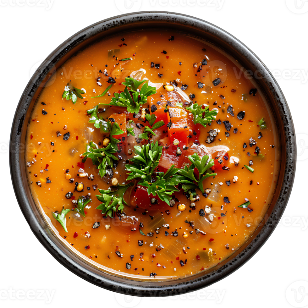 Tomato soup with basil in bowl isolated. Red tomato vegetable soup in bowl isolated png