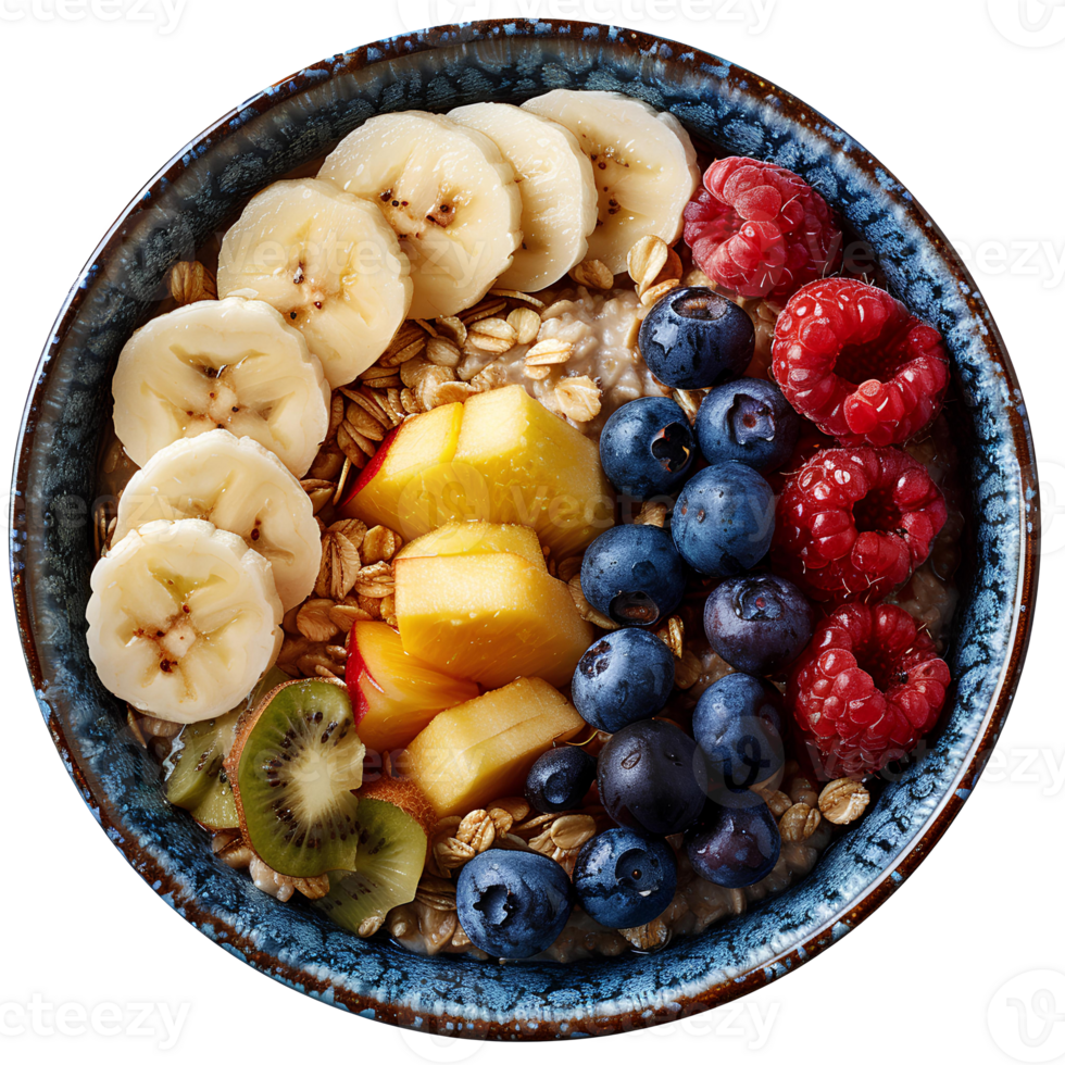 flocons d'avoine Haut vue isolé. flocons d'avoine bol avec variété de des fruits isolé. flocons d'avoine avec bananes, des fraises, myrtilles. en bonne santé petit déjeuner repas png