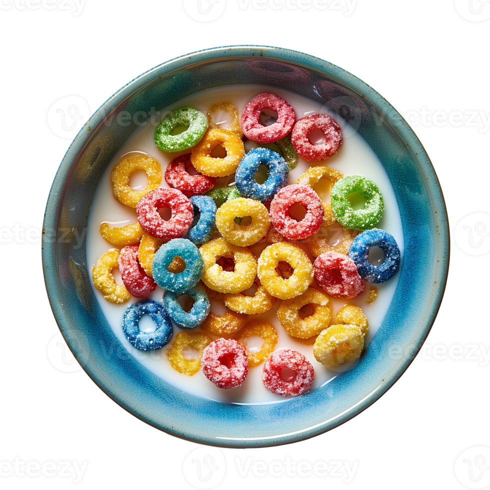 fruit loops cereal in bowl top view isolated. Colorful cereal in a bowl isolated. Breakfast food isolated png