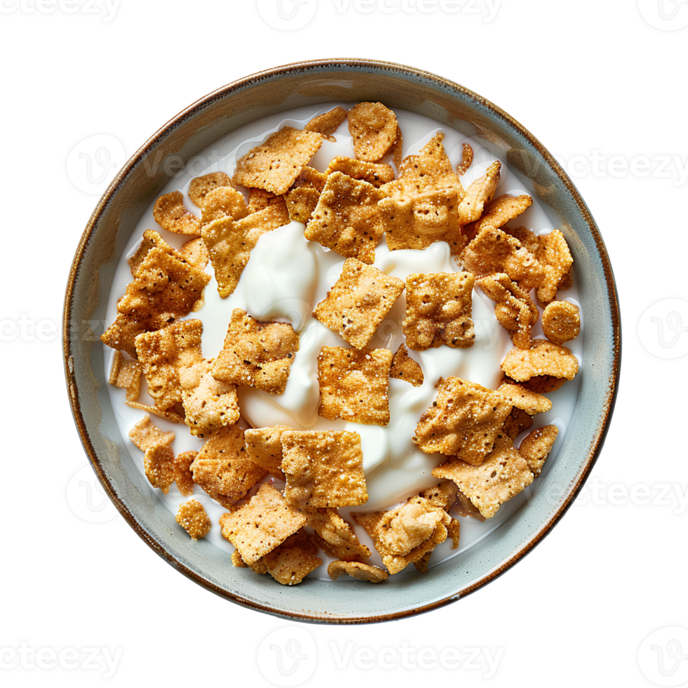 Bowl of cereal flakes with milk in a bowl isolated. Cereal in bowl isolated png