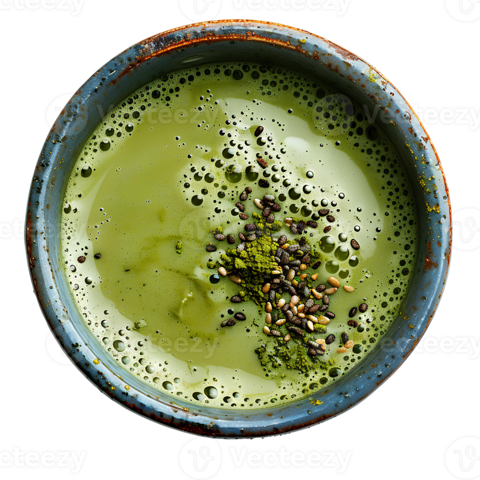 Green matcha tea in cup isolated Healthy green tea in blue cup top view isolated. Matcha tea isolated png