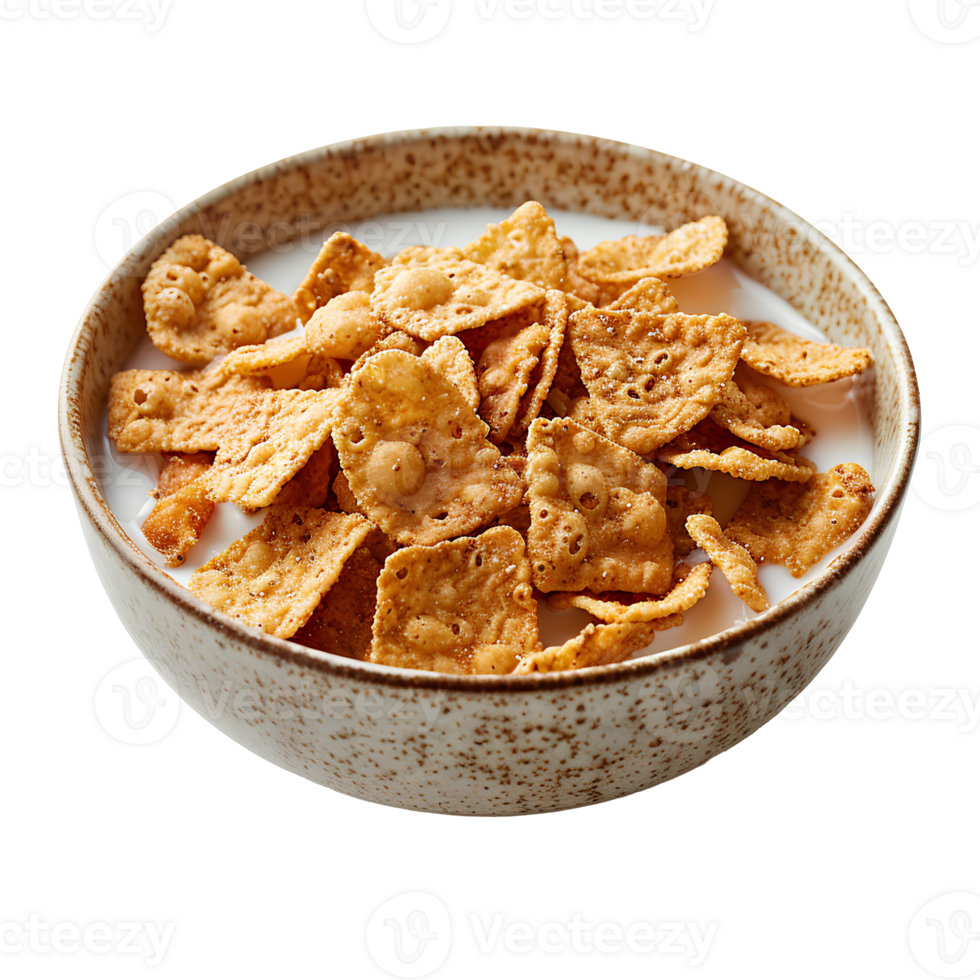 Bowl of cereal flakes with milk in a bowl isolated. Cereal in bowl isolated png