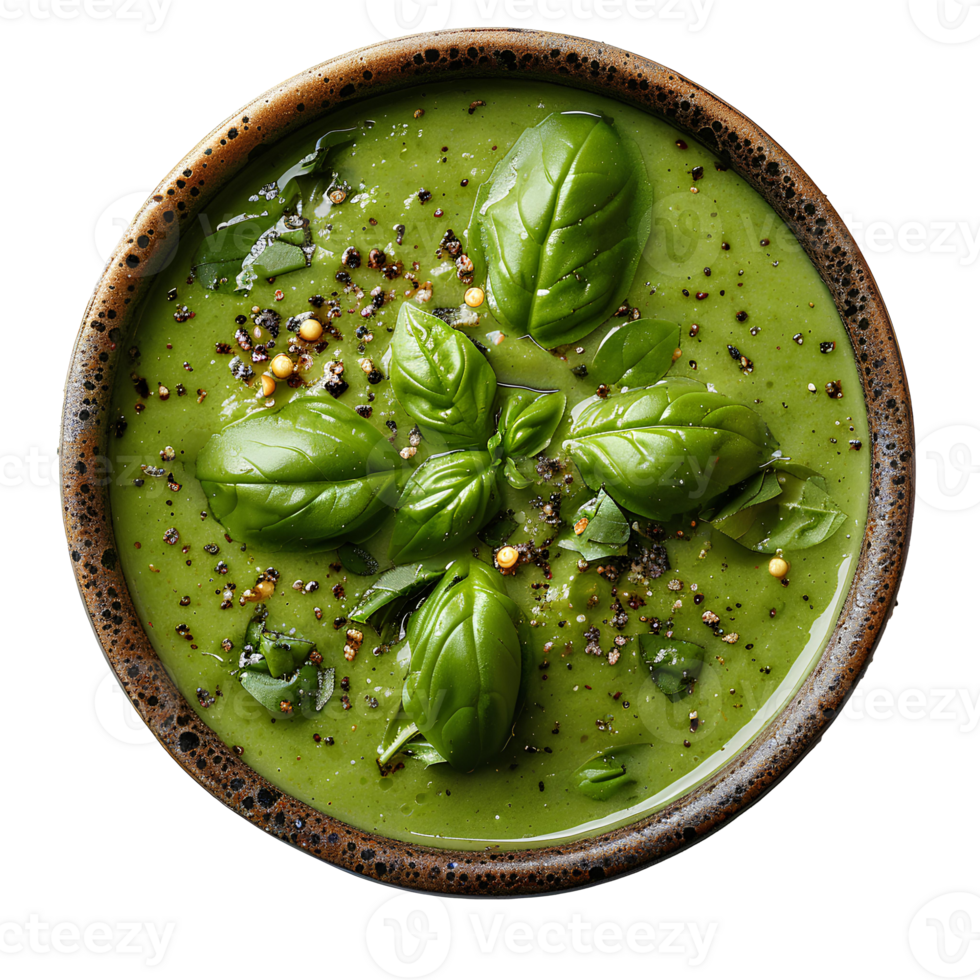 green soup with green spinach and vegetables in a bowl isolated. Organic and vegeterian soup isolated png