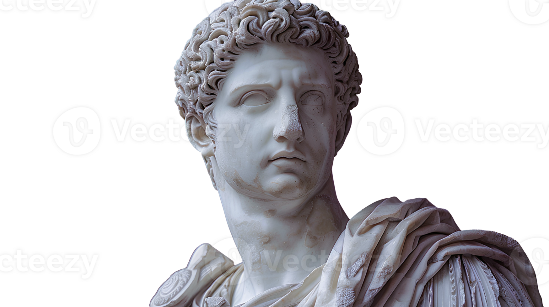 Ancient Greek statue of an ancient Roman senator in marble isolated. Ancient roman Emperor statue in stone isolated. Ancient Greek architecture isolated png