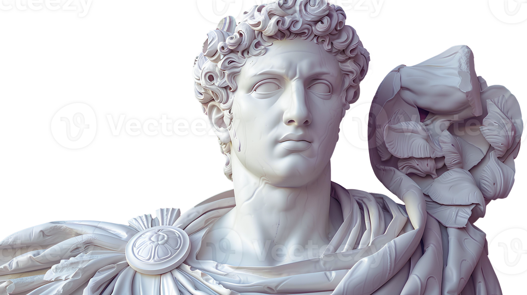 Ancient Greek statue of an ancient Roman senator in marble isolated. Ancient roman Emperor statue in stone isolated. Ancient Greek architecture isolated png