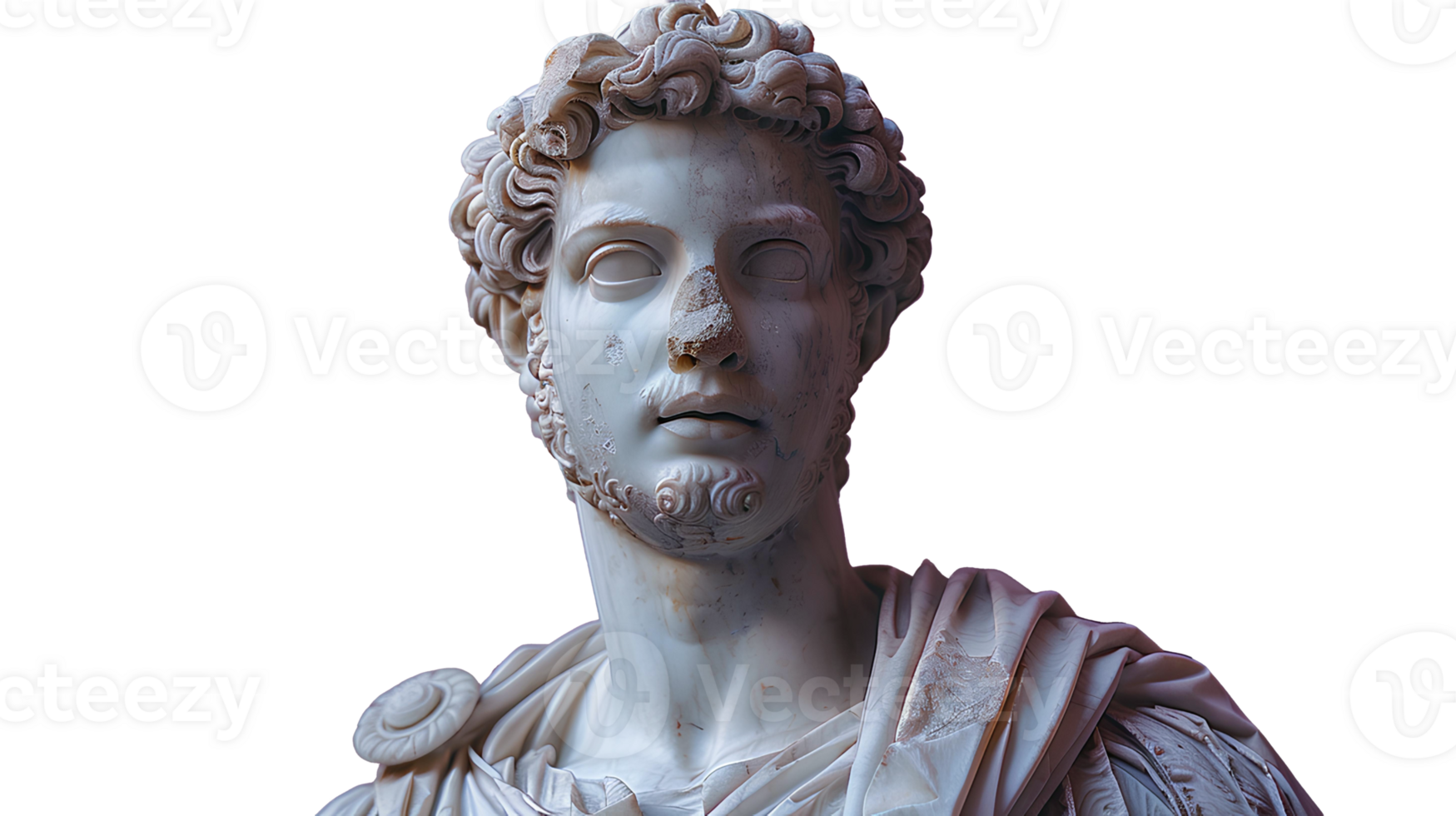 Ancient Greek statue of an ancient Roman senator in marble isolated. Ancient roman Emperor statue in stone isolated. Ancient Greek architecture isolated png