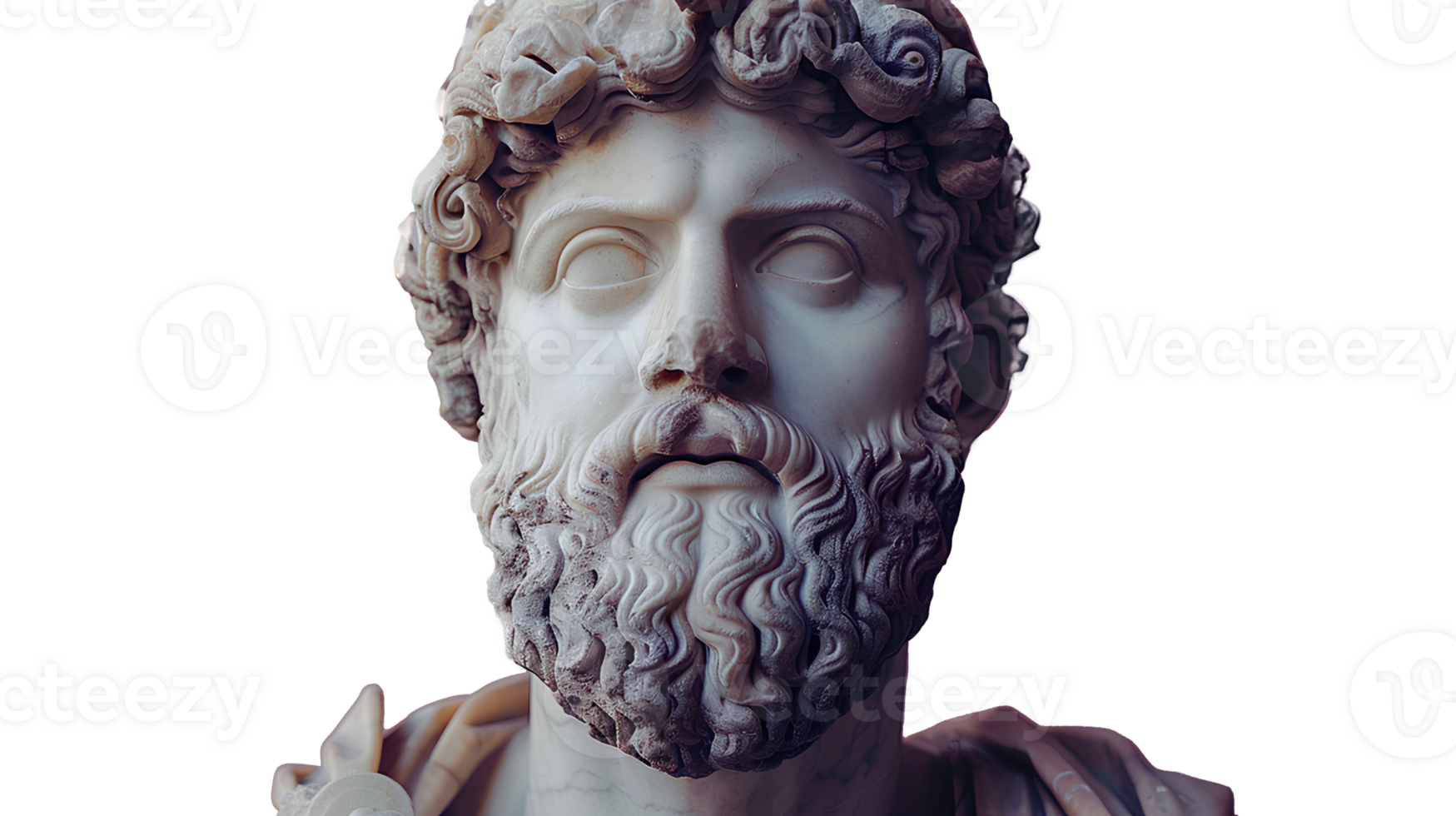 Ancient Greek statue of an ancient Roman senator in marble isolated. Ancient roman Emperor statue in stone isolated. Ancient Greek architecture isolated png