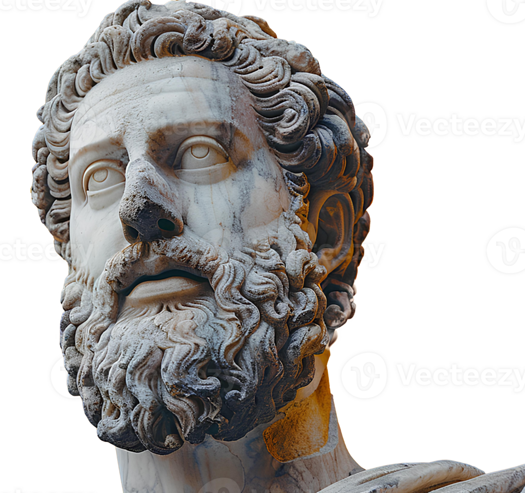 Ancient Greek statue of an ancient Roman senator in marble isolated. Ancient roman Emperor statue in stone isolated. Ancient Greek architecture isolated png