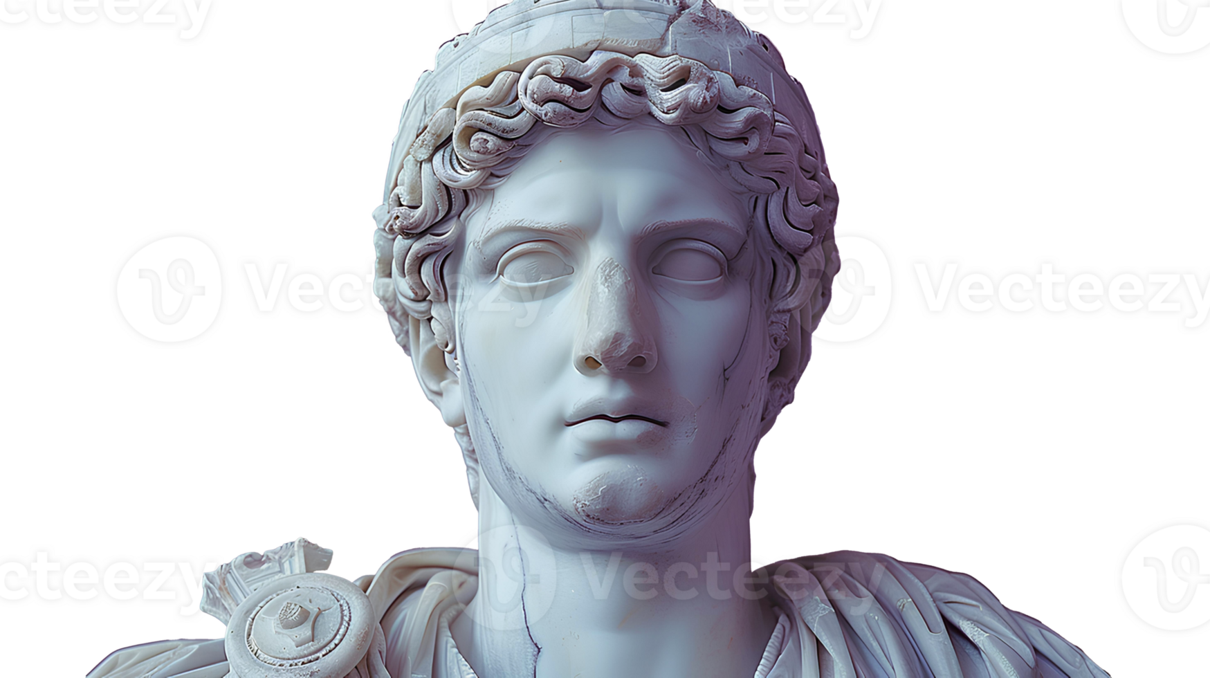 Ancient Greek statue of an ancient Roman senator in marble isolated. Ancient roman Emperor statue in stone isolated. Ancient Greek architecture isolated png