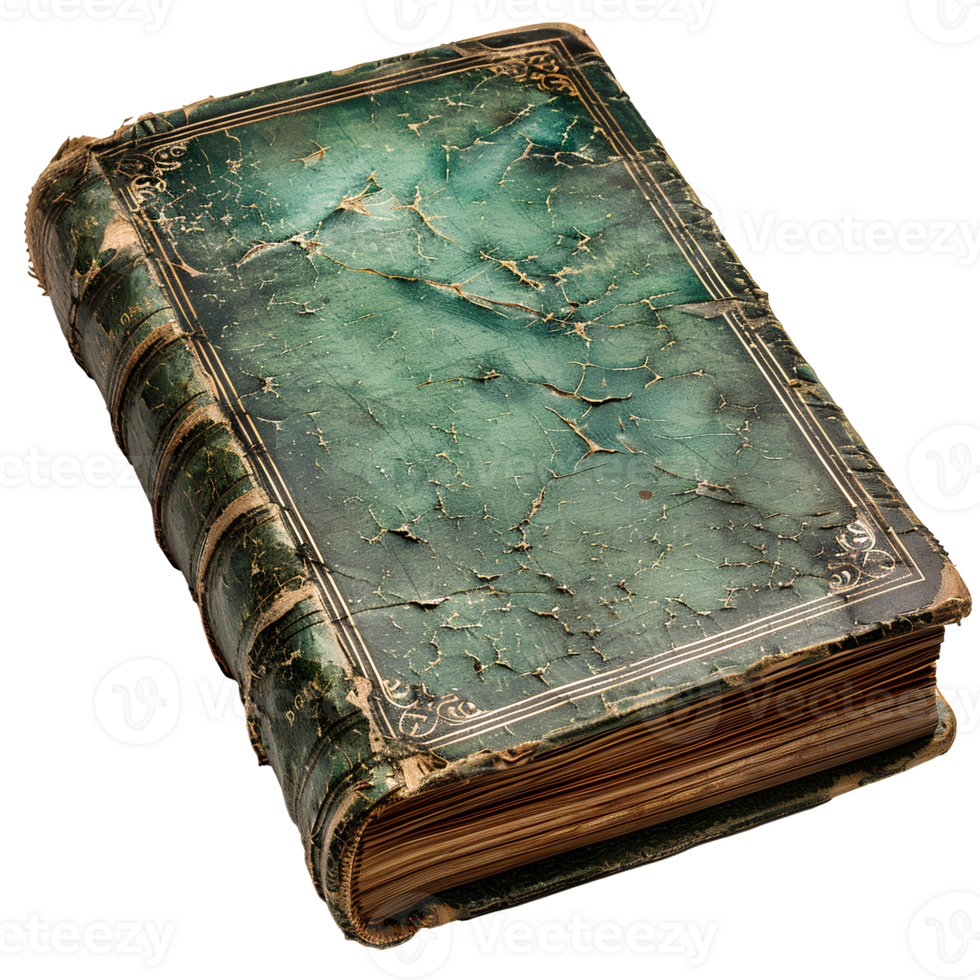 Old green book with leather cover and yellow pages. Green book top view png