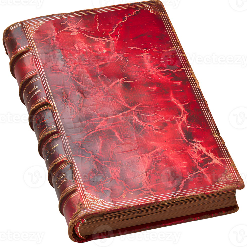 Old red book with leather cover and yellow pages. red book top view isolated png