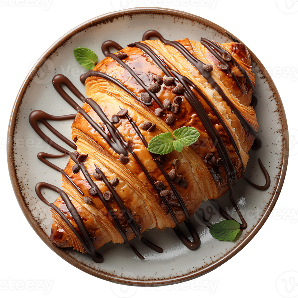 Chocolate croissant. French pastry croissant top view. Puff pastry dessert isolated png