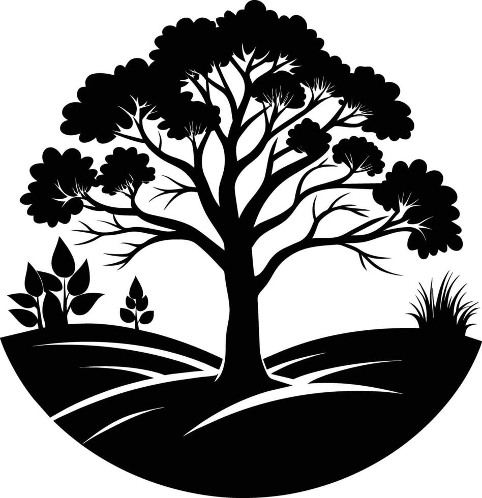 Silhouette of a tree with grass vector