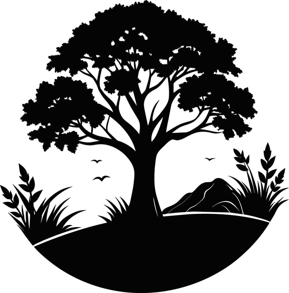 silueta de un árbol con césped vector