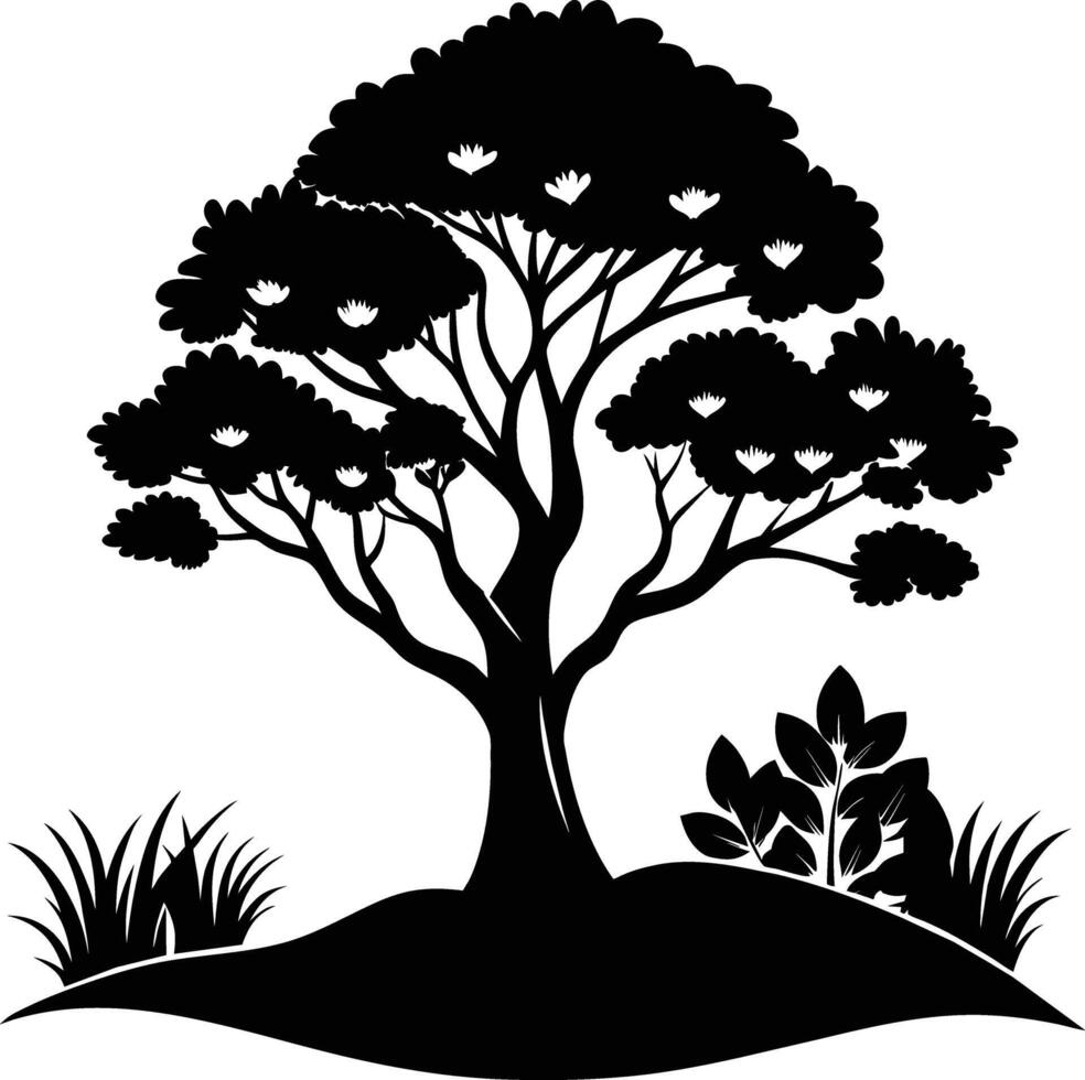 Silhouette of a tree with grass vector