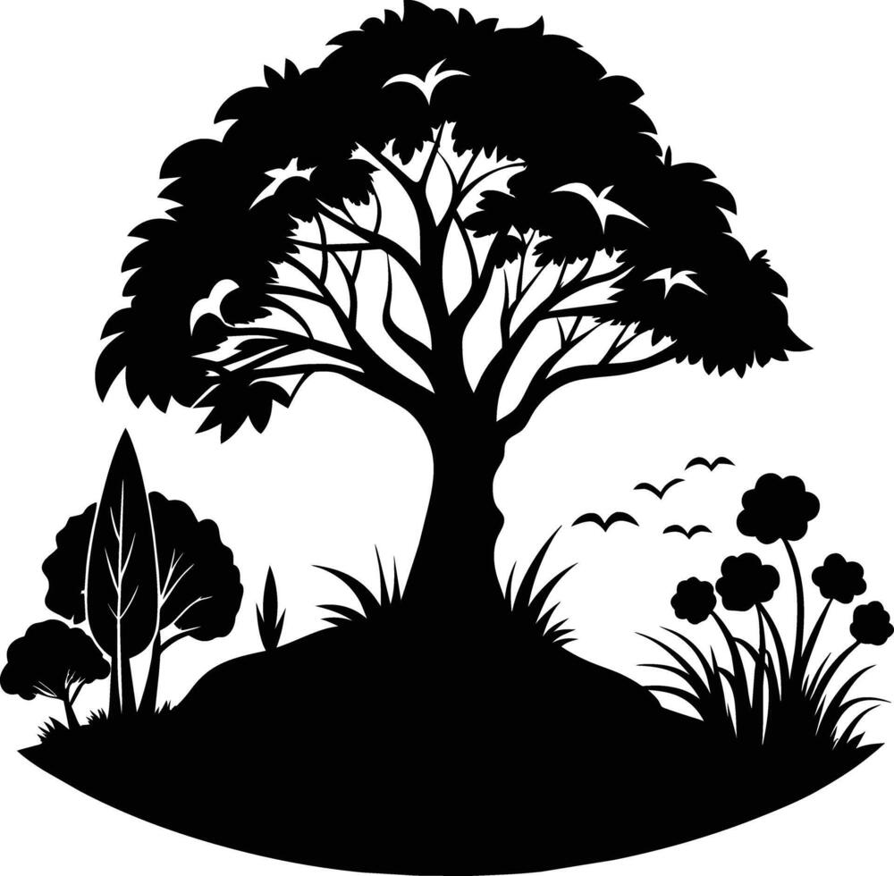 silueta de un árbol con césped vector