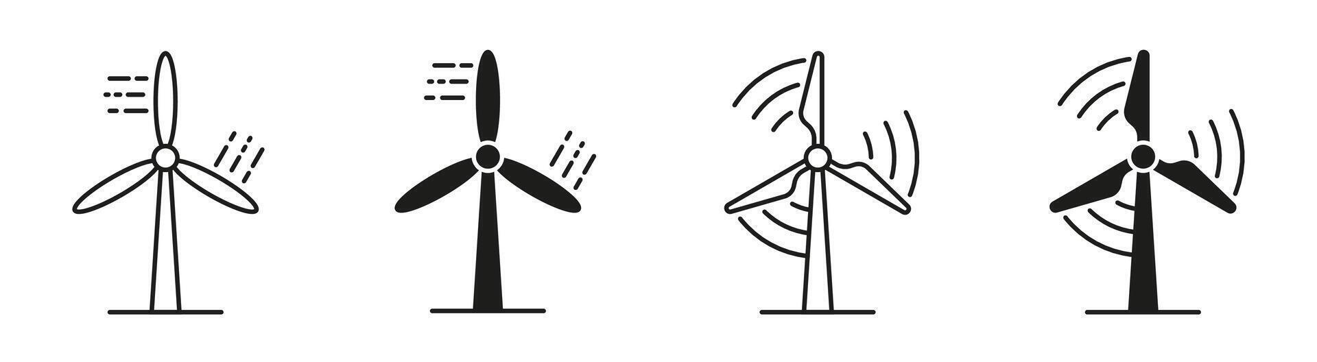 Wind turbine silhouettes. Windmill icons. Wind turbine icons. Wind power icons. Alternative energy symbols. EPS 10 vector