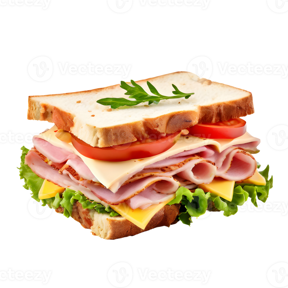 Sandwich with ham, cheese and vegetables isolated on transparent background, cut out, or clipping path. png