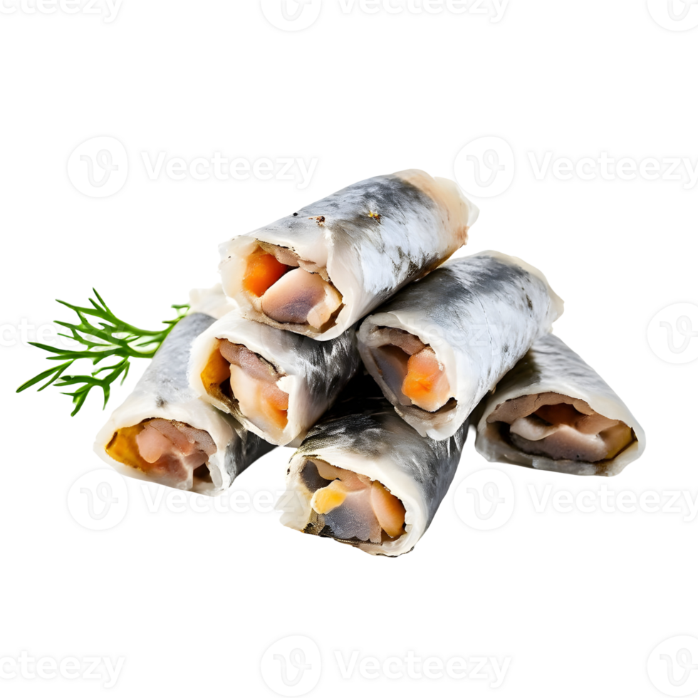 Salted herring rolls isolated on transparent background, cut out, or clipping path. png