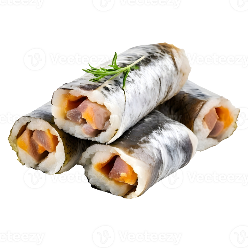 Salted herring rolls isolated on transparent background, cut out, or clipping path. png