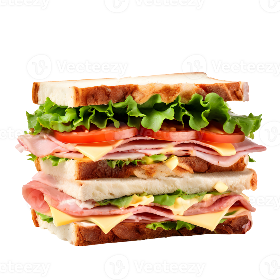 Sandwich with ham, cheese and vegetables isolated on transparent background, cut out, or clipping path. png