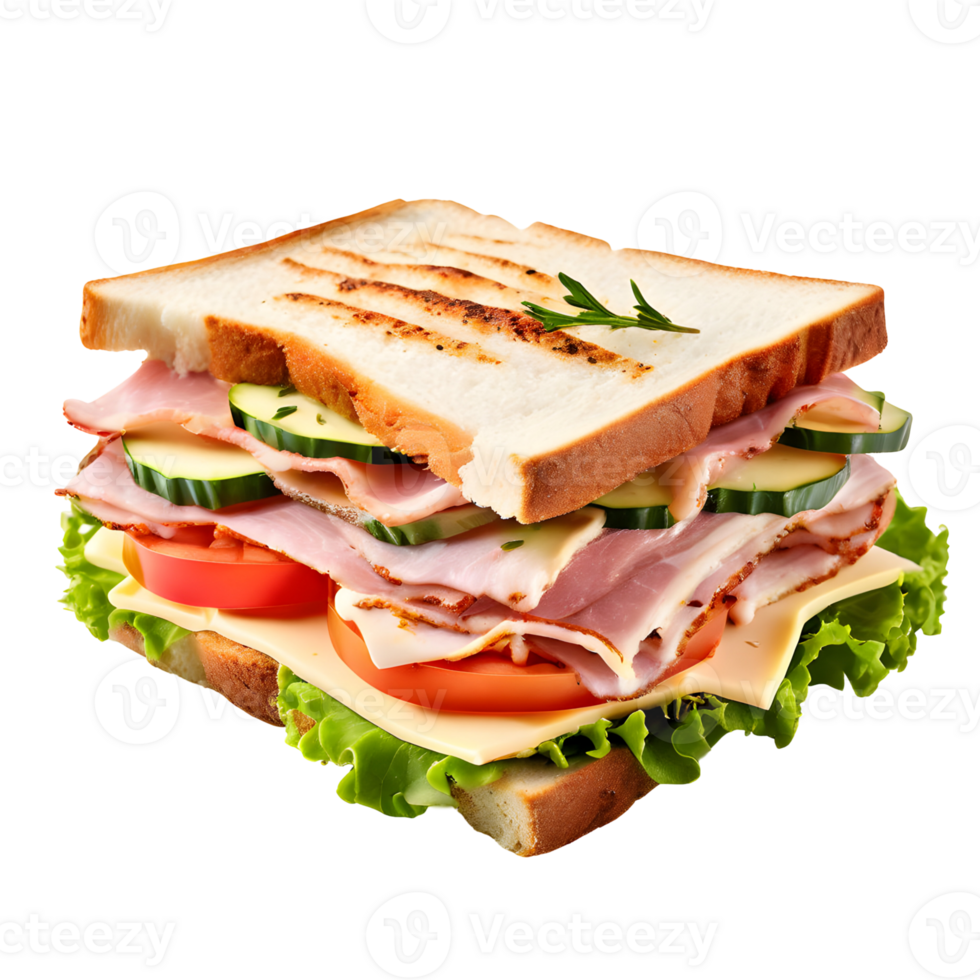 Sandwich with ham, cheese and vegetables isolated on transparent background, cut out, or clipping path. png