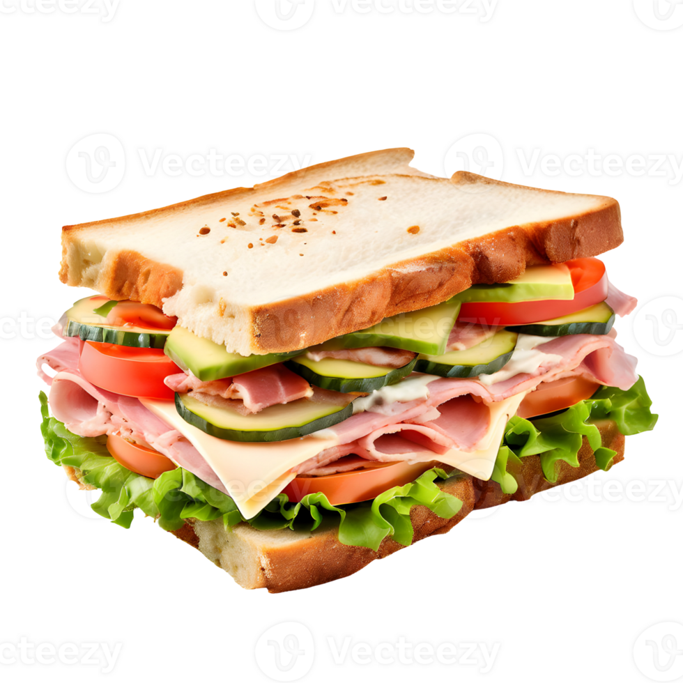 Sandwich with ham, cheese and vegetables isolated on transparent background, cut out, or clipping path. png