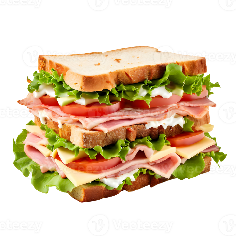 Sandwich with ham, cheese and vegetables isolated on transparent background, cut out, or clipping path. png