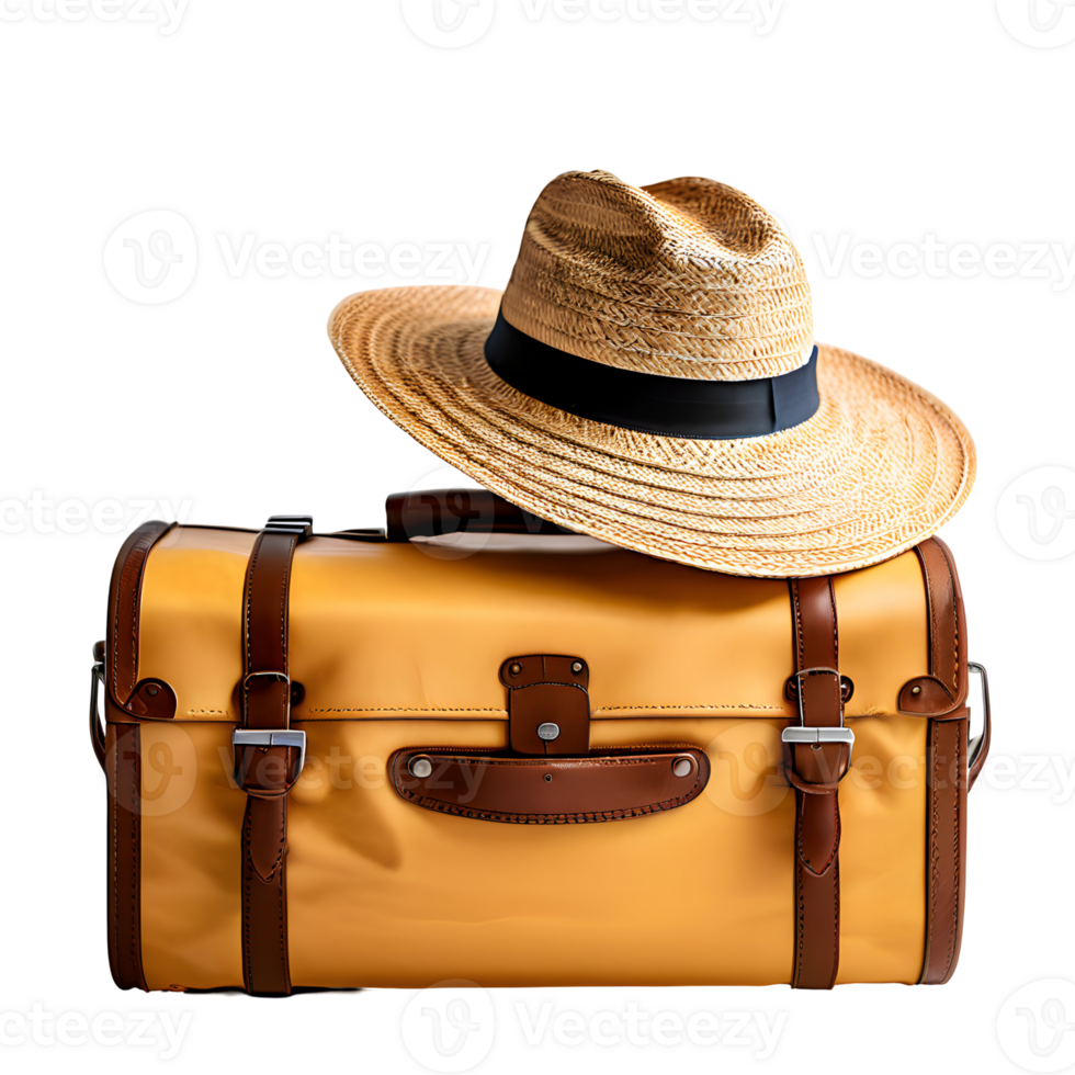 Travel luggage bag and a straw hat isolated on transparent background, cut out, or clipping path. png