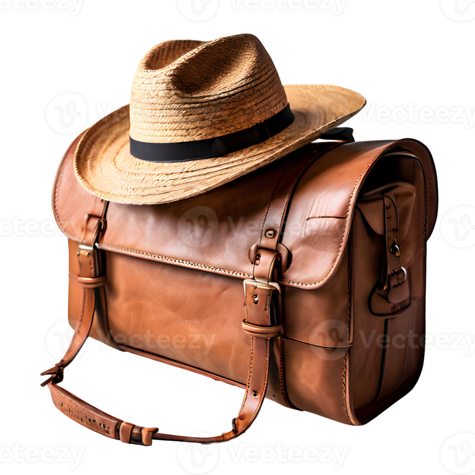 Travel luggage bag and a straw hat isolated on transparent background, cut out, or clipping path. png