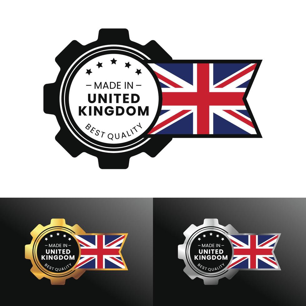 Made in United Kingdom, UK with gear and flag design. For banner, stamp, sticker, icon, logo, symbol, label, badge, seal, sign. Illustration vector