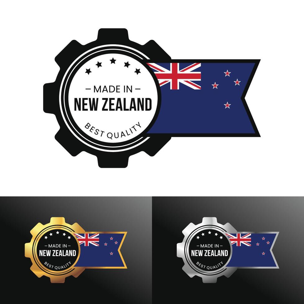 Made in New Zealand with gear and flag design. For banner, stamp, sticker, icon, logo, symbol, label, badge, seal, sign. Illustration vector