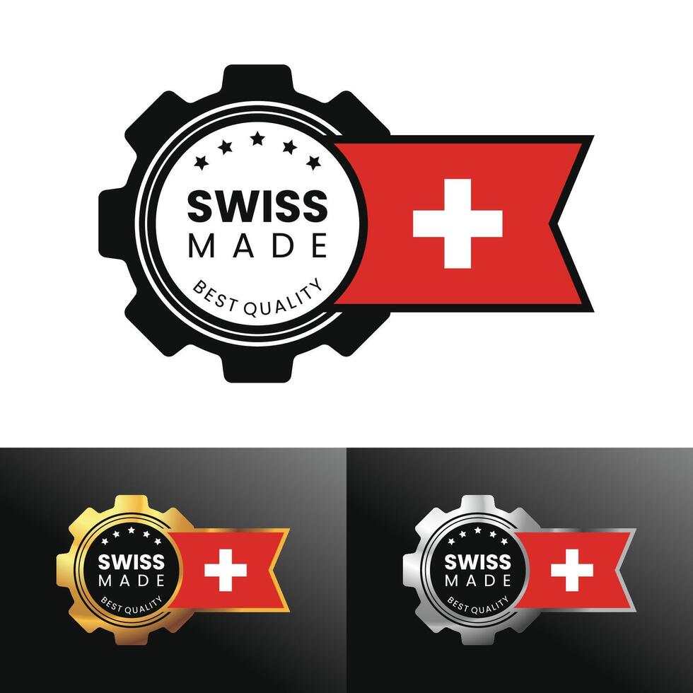 Swiss made with gear and flag design. Made in Switzerland For banner, stamp, sticker, icon, logo, symbol, label, badge, seal, sign. Illustration vector