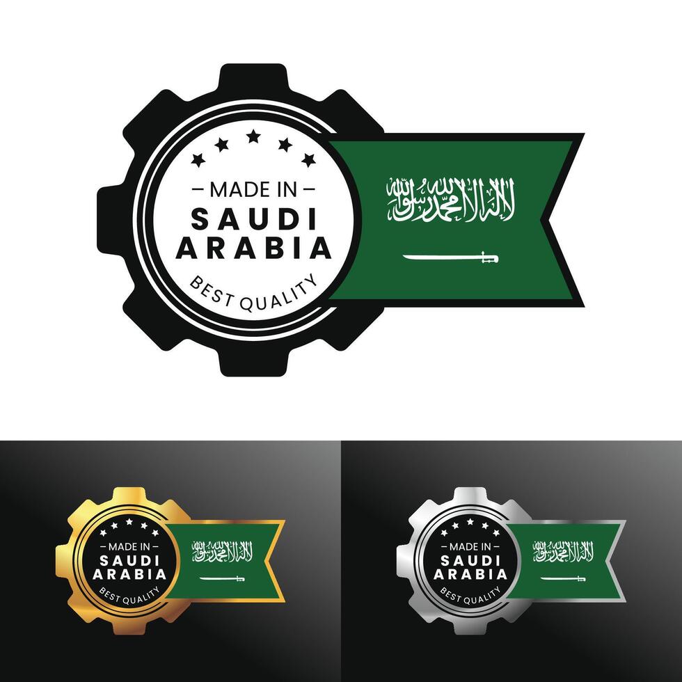 Made in Saudi Arabia with gear and flag design. For banner, stamp, sticker, icon, logo, symbol, label, badge, seal, sign. Illustration vector