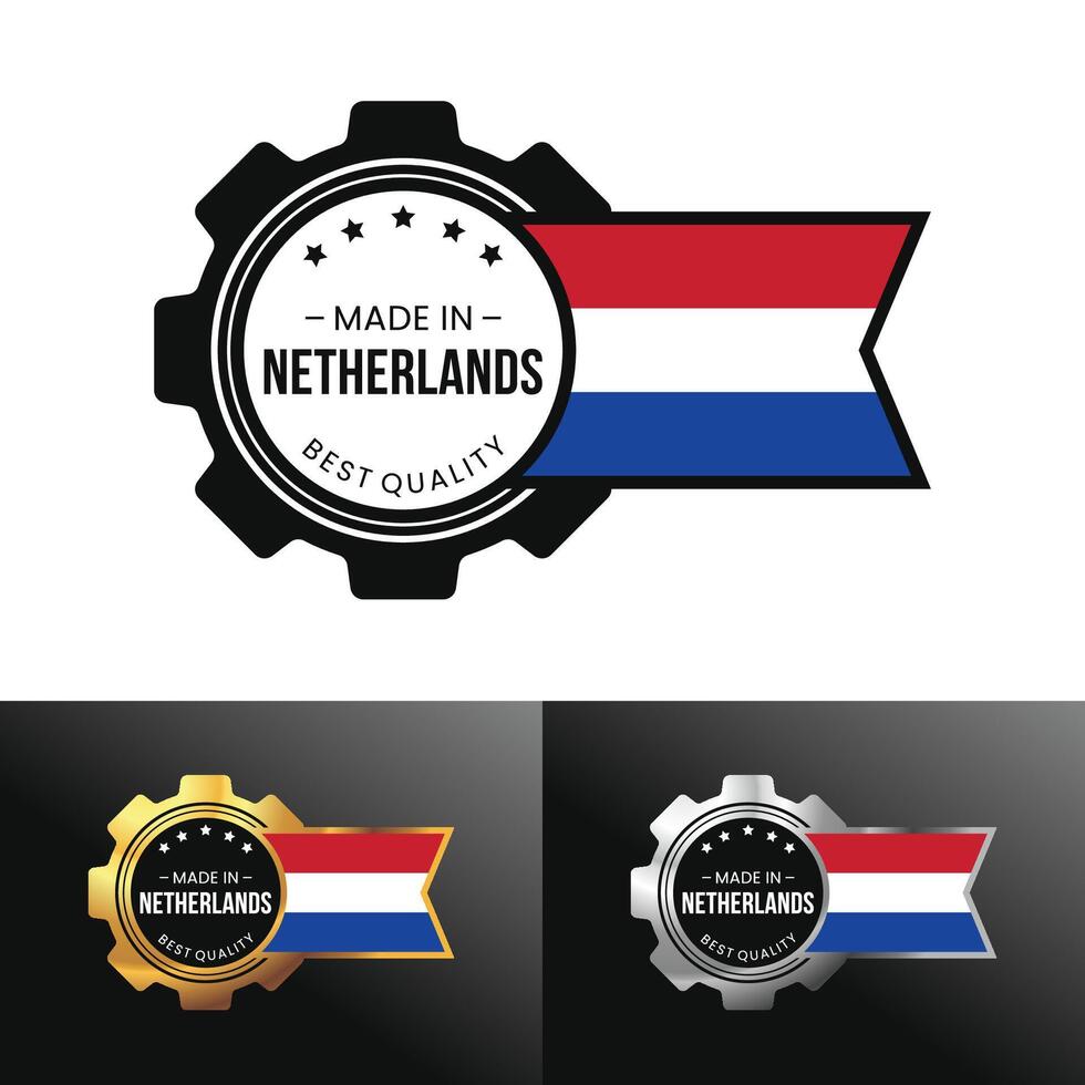 Made in Netherlands with gear and flag design. For banner, stamp, sticker, icon, logo, symbol, label, badge, seal, sign. Illustration vector